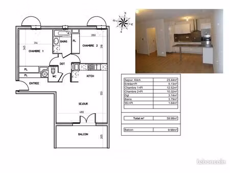 appartement t3 60m² + terrasse 10m² + garage 18 m²