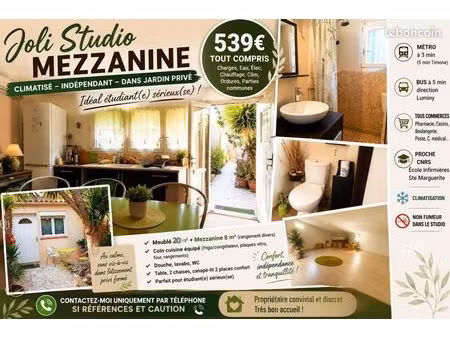 studio meublé indépendant étudiant(e) climatisé 28 m² + mezzanine - marseille 9e - 539 cc