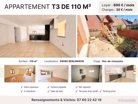 appartement 110 m² – terrasse – jardin – 2 parkings – beblenheim