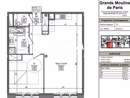 location appartement 2 pièces 61m² marquette lez lille 59520