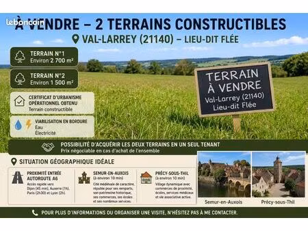 à vendre – 2 terrains constructibles à val-larrey (21140)  secteur flée