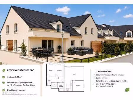 superbe 4 pièces meublé 71 m² – terrasse & jardin de 110 m² – 2 parkings – résidence récen