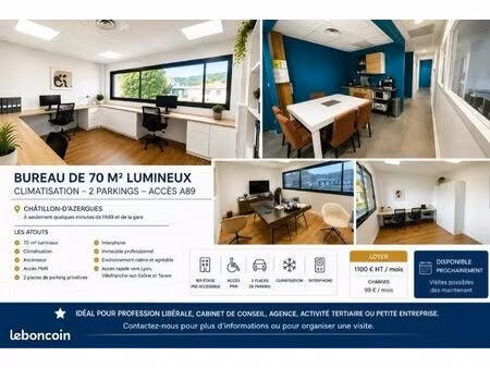 bureau 70 m² - climatisé - 2 places privés - accès a89