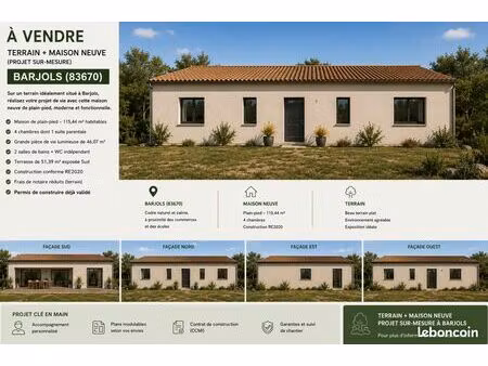 barjols – villa neuve 5 pièces de 115 m² à construire  4 chambres  terrasse sud 51 m²