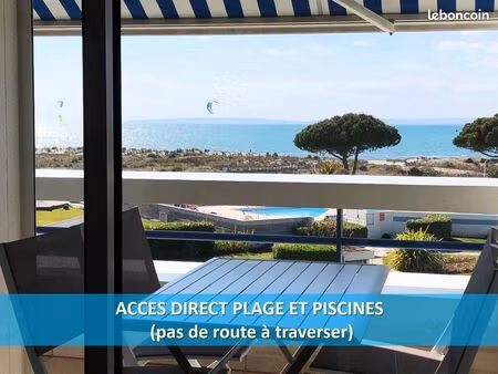 ? t2 d’exception en front de mer  vue panoramique 180° – accès direct plage – port camargu