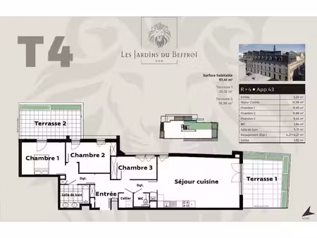 vente appartement 3 pièces 97.41 m² à arras (62000)  599 000 €