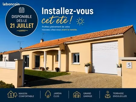 disponible 21 juillet • maison meublée • 90 m² • 3 chambres • grand garage 35 m² • jardin 