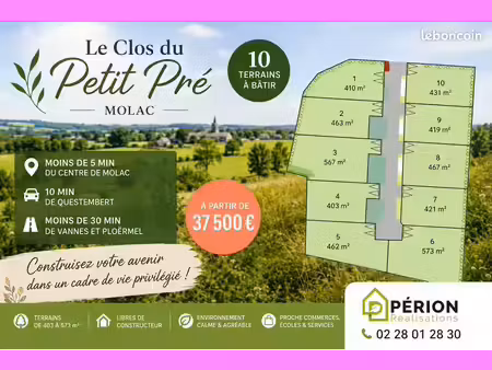 terrains à bâtir à molac – proche questembert – à partir de 37 500