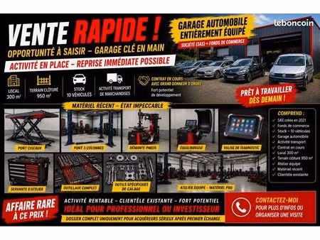 garage automobile clé en main + sasu + 10 véhicules + atelier équipé + transport