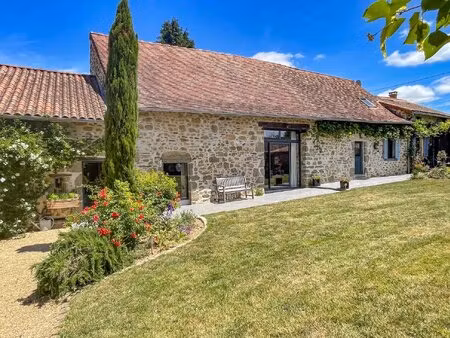 deux maisons mitoyennes en pierre avec une jolie piscine et des dépendances