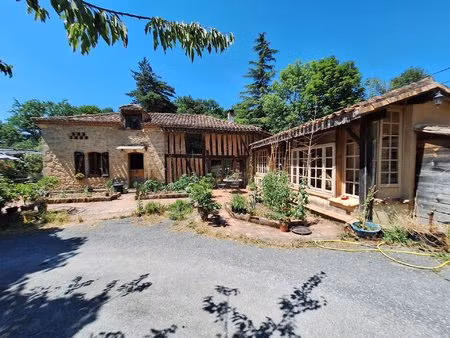 maison en pierre avec piscine et terres.