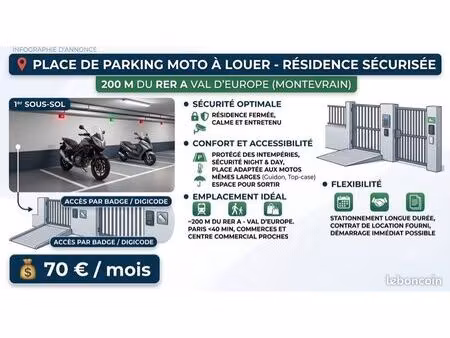 place de parking moto – résidence sécurisée – 200 m du rer a val d’europe (montévrain)