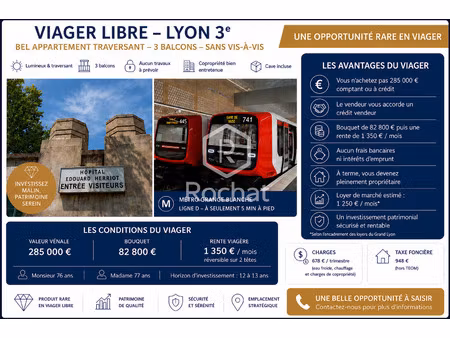 viager libre appartement t3 traversant avec 3 balcons un