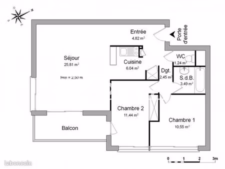 appartement 3 pièces 65 m²