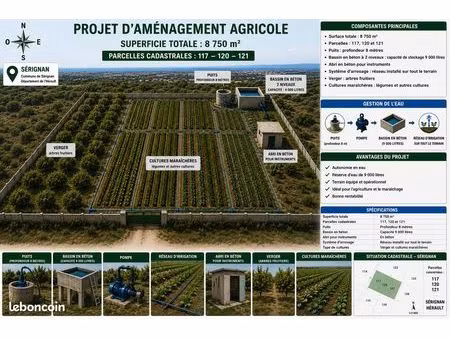 terrain agricole équipé – 8 750 m² – sérignan (34) – puits  bassin  irrigation – 25 000