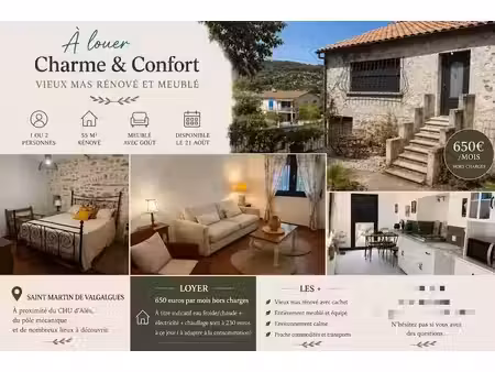 location meublée appartement 2 pièces 55 m² à saint-martin-de-valgalgues (30520)  880 €