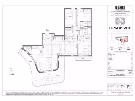 lemon roc – t5 b53 · dernier étage · 124 71 m² + terrasses · sud‑ouest · vue panoramique ·
