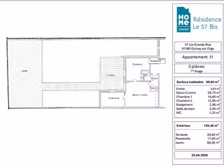 appartement de 3p entièrement rénové de 70 m². grande terrasse de 29 m² + jardin privatif 