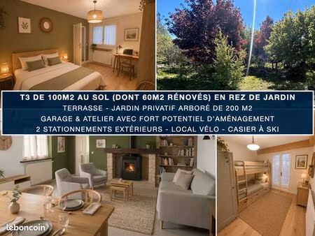 rare à autrans : t3 de 100 m2 au sol (dont 60 m2 entièrement rénovés) en rez de jardin. te