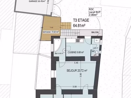 loue appartement t3 65 m² + garage + terrasse bois extérieure
