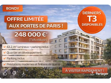 vente appartement 2 pièces 64 m² bondy (93140)