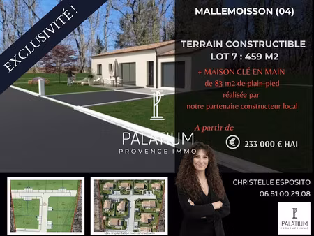 vente terrain à batir 459 m² à mallemoisson (04510)  233 000 €