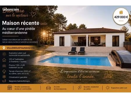 ? maison récente 125 m² avec piscine – au cœur d’une pinède – villemoustaussou (5 min carc