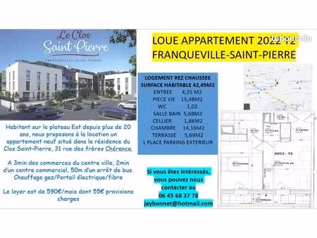 apart t2 franqueville st pierre avec terrasse