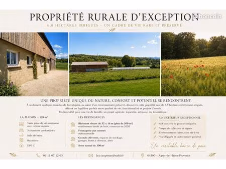 une propriété  mille projets – 6 8 ha irrigués – maison récente – bâtiment 500 m² – à 5 mi