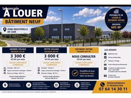 à louer – bâtiment d’activité neuf – 2 cellules de 280 m² et 325 m² – cozes