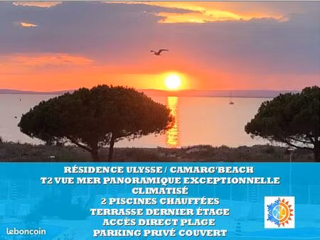 ? t2 d’exception en front de mer  vue panoramique 180° – accès direct plage – port camargu
