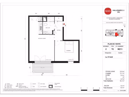 location appartement 2 pièces 46 m² à hallennes-lez-haubourdin (59320)  559 €