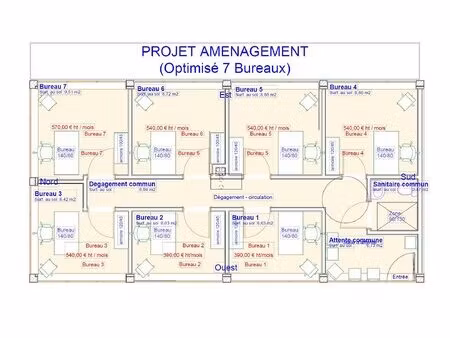 bureau / local professionnel 76 m² / projet 7 bureaux en locatif
