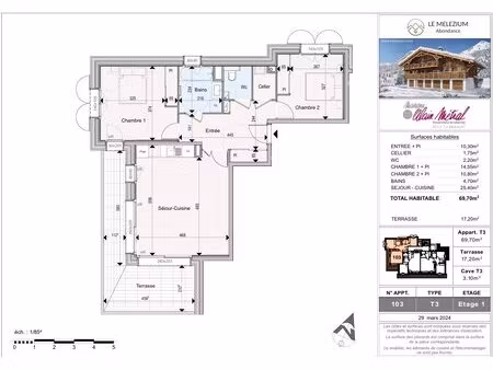 appartement 3 pièces de 69 m² + terrasse  parking  cave  garage