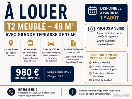 t2 meublé avec terrasse de 17m2 - thionville