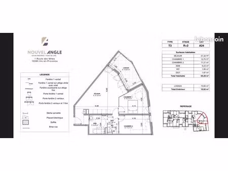appartement 3 pièces de 65 m² + loggia 11m2 climatisé et garage fermé privé