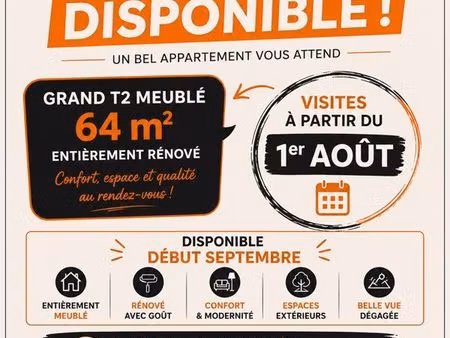 coup de cœur – grand t2 meublé de 64 m² avec jardin et vue panoramique – disponible début 