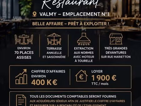 restaurant à vendre – emplacement n°1 valmy – prêt à exploiter