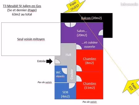 t3 meublé  hyper-centre  calme  grand balcon en angle sur jardin