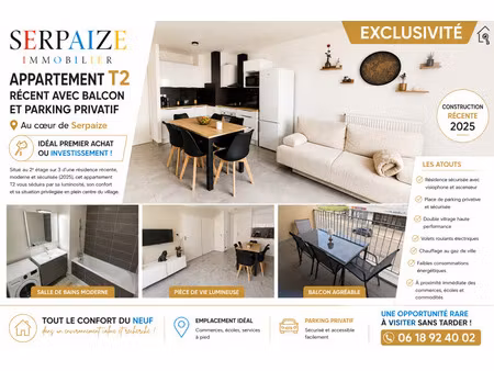 appartement t2 de 2025 avec balcon et parking privatif au cœur de serpaize
