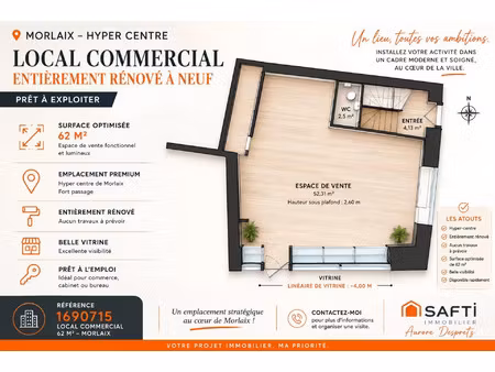 vente commerce 1 pièce 62 m² morlaix (29600)