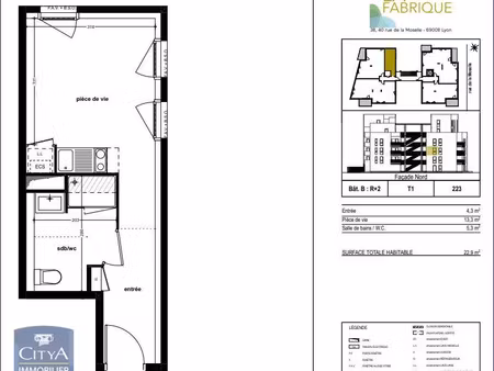 appartement à louer 1 pièce 22.8 m² - lyon 8e arrondissement (69008) - 454€