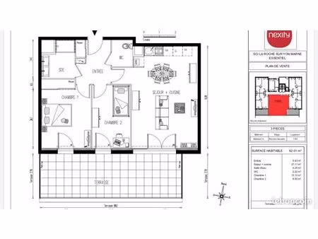 appartement 3 pièces 62 m²