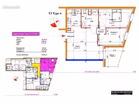 appartement 3 pièces 60 m²