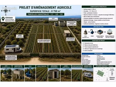 terrain agricole équipé – 8 750 m² – sérignan (34) – puits  bassin  irrigation – 22000