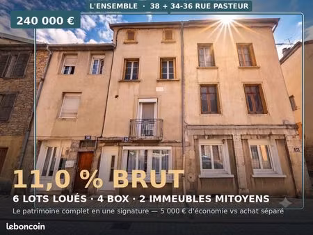 2 immeubles · 6 lots loués · 4 box · 11% · 240 000