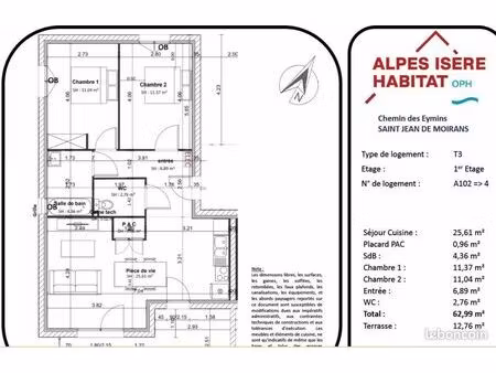 appartement 3 pièces 63 m²