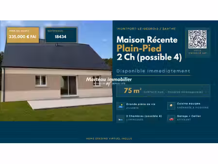 rare - maison récente - plain-pied  2 chambres  (possible 4) - disponible immédiatement.