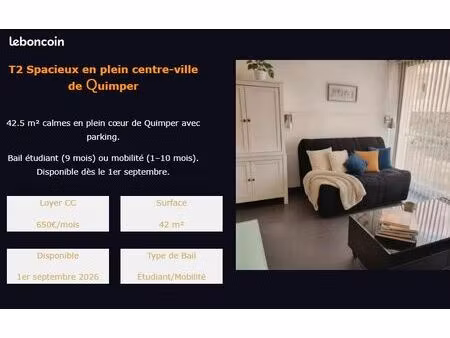 ? t2 meublé 42m² – cœur de quimper – parking privé inclus – bord de l'odet – bail étudiant