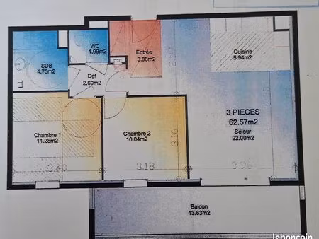 disponible immédiatement  très bel appartement t3 de 63 m² + balcon / terrasse de 13 6 m² 